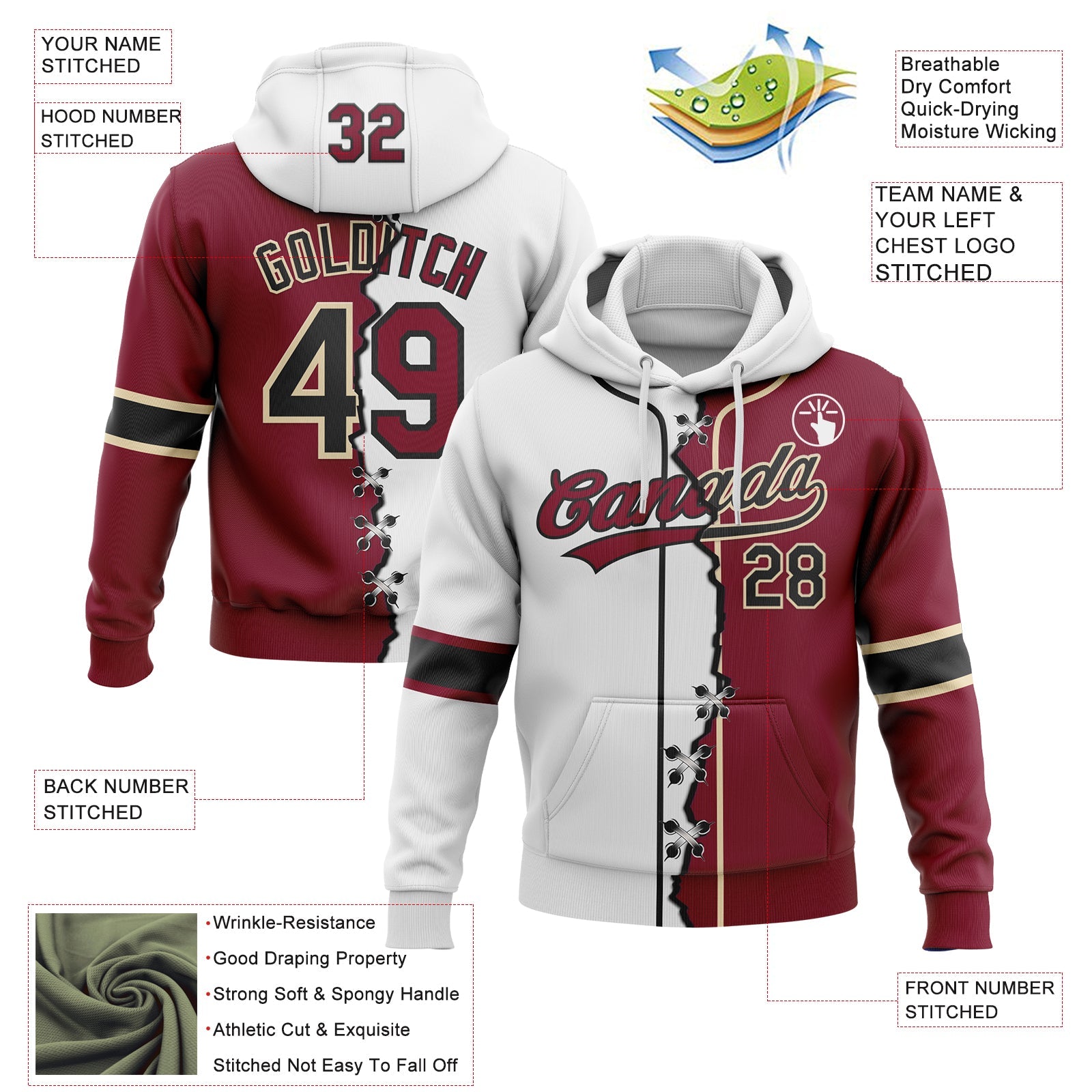 Custom Crimson Black Cream-White Split Ripped Pattern Baseball Pullover Sweatshirt Hoodie view 2
