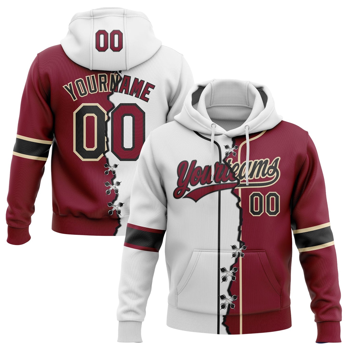 Custom Crimson Black Cream-White Split Ripped Pattern Baseball Pullover Sweatshirt Hoodie - Main View