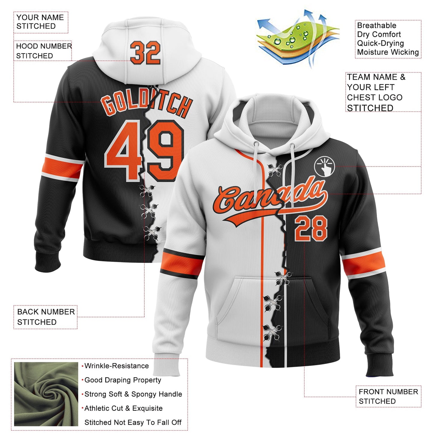 Custom Black Orange-White Split Ripped Pattern Baseball Pullover Sweatshirt Hoodie view 2