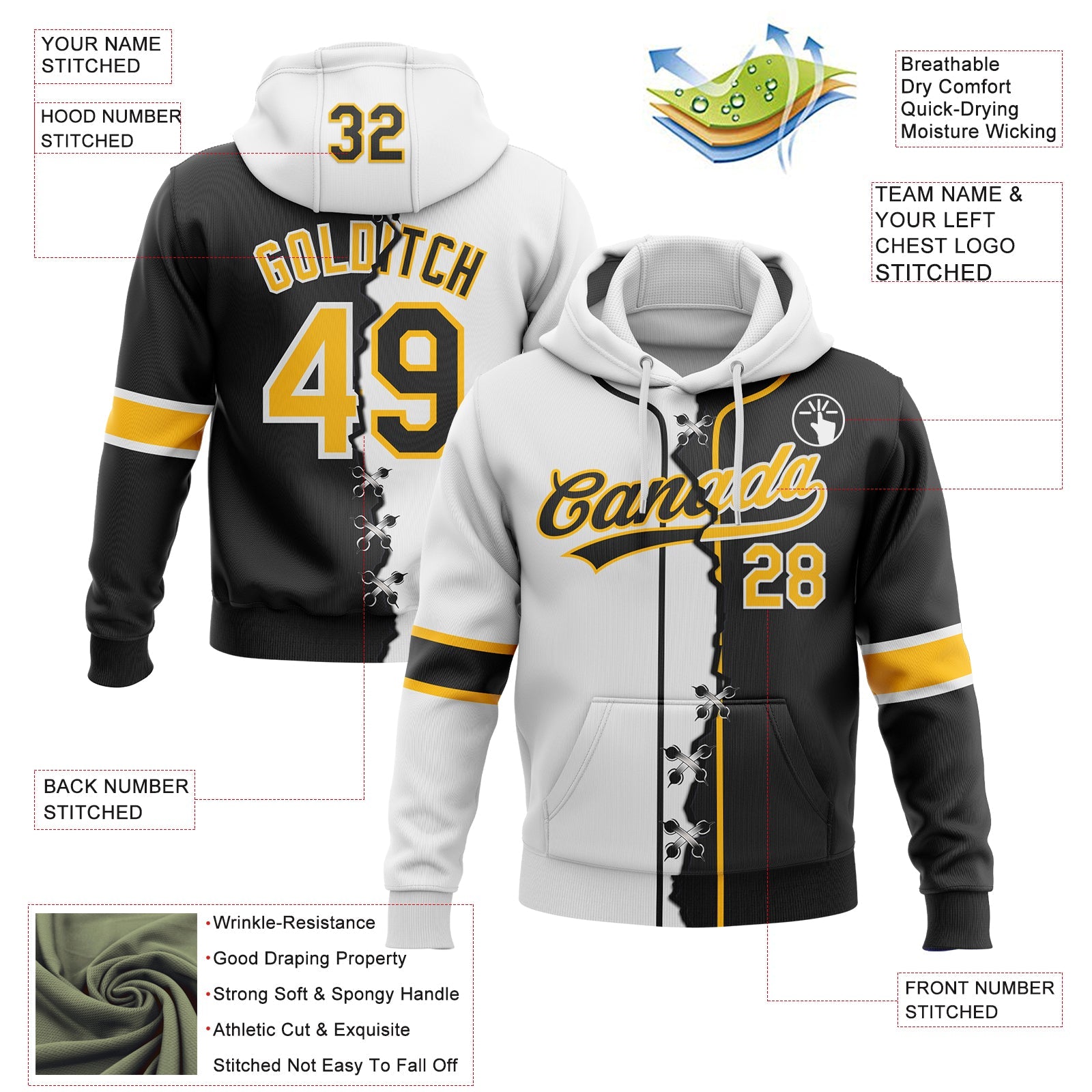 Custom Black Gold-White Split Ripped Pattern Baseball Pullover Sweatshirt Hoodie view 2