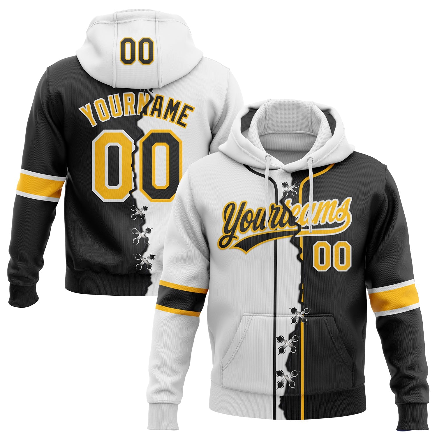 Custom Black Gold-White Split Ripped Pattern Baseball Pullover Sweatshirt Hoodie - Main View