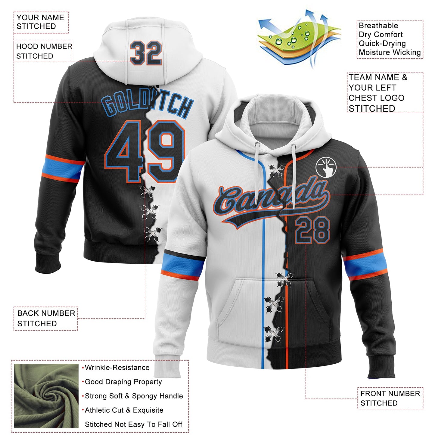 Custom White Black Powder Blue-Orange Split Ripped Pattern Baseball Pullover Sweatshirt Hoodie view 2