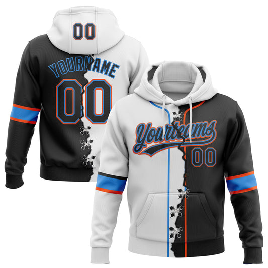 Custom White Black Powder Blue-Orange Split Ripped Pattern Baseball Pullover Sweatshirt Hoodie - Main View