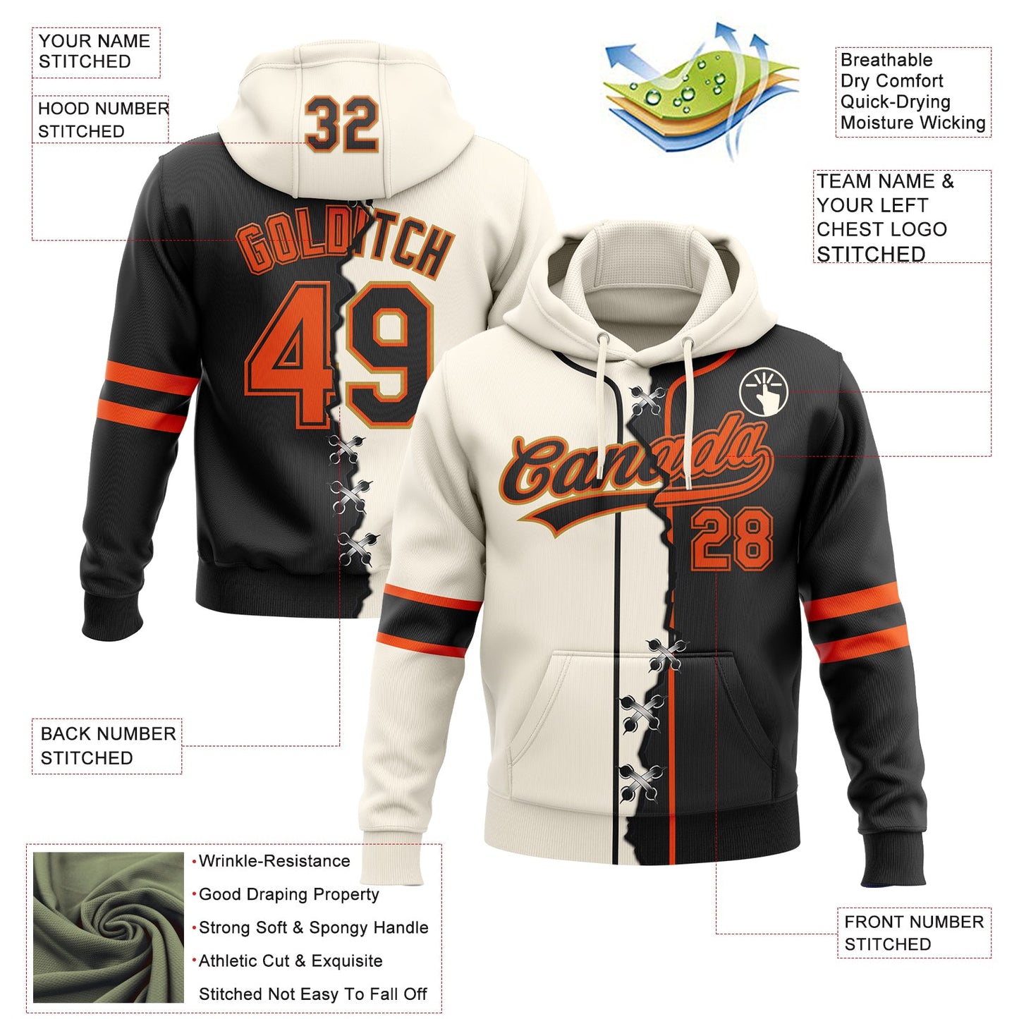 Custom Black Orange Old Gold-Cream Split Ripped Pattern Baseball Pullover Sweatshirt Hoodie view 2