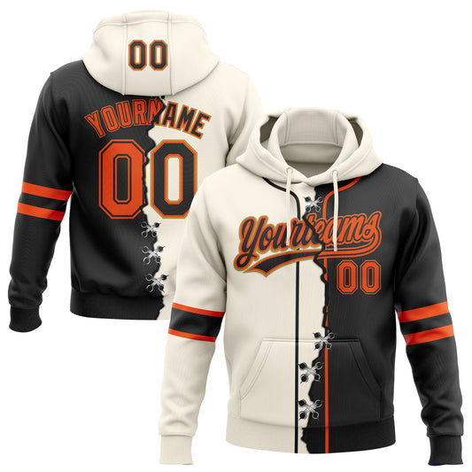 Custom Black Orange Old Gold-Cream Split Ripped Pattern Baseball Pullover Sweatshirt Hoodie - Main View