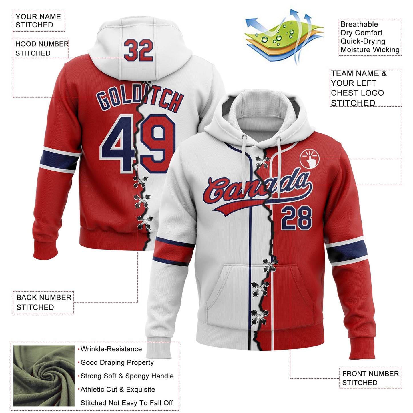 Custom Red Navy-White Split Ripped Pattern Baseball Pullover Sweatshirt Hoodie view 2