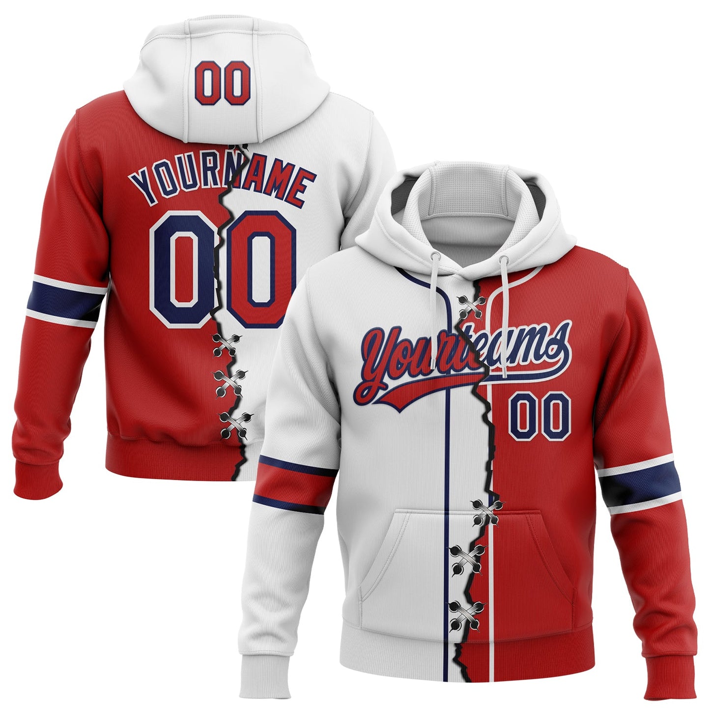 Custom Red Navy-White Split Ripped Pattern Baseball Pullover Sweatshirt Hoodie - Main View