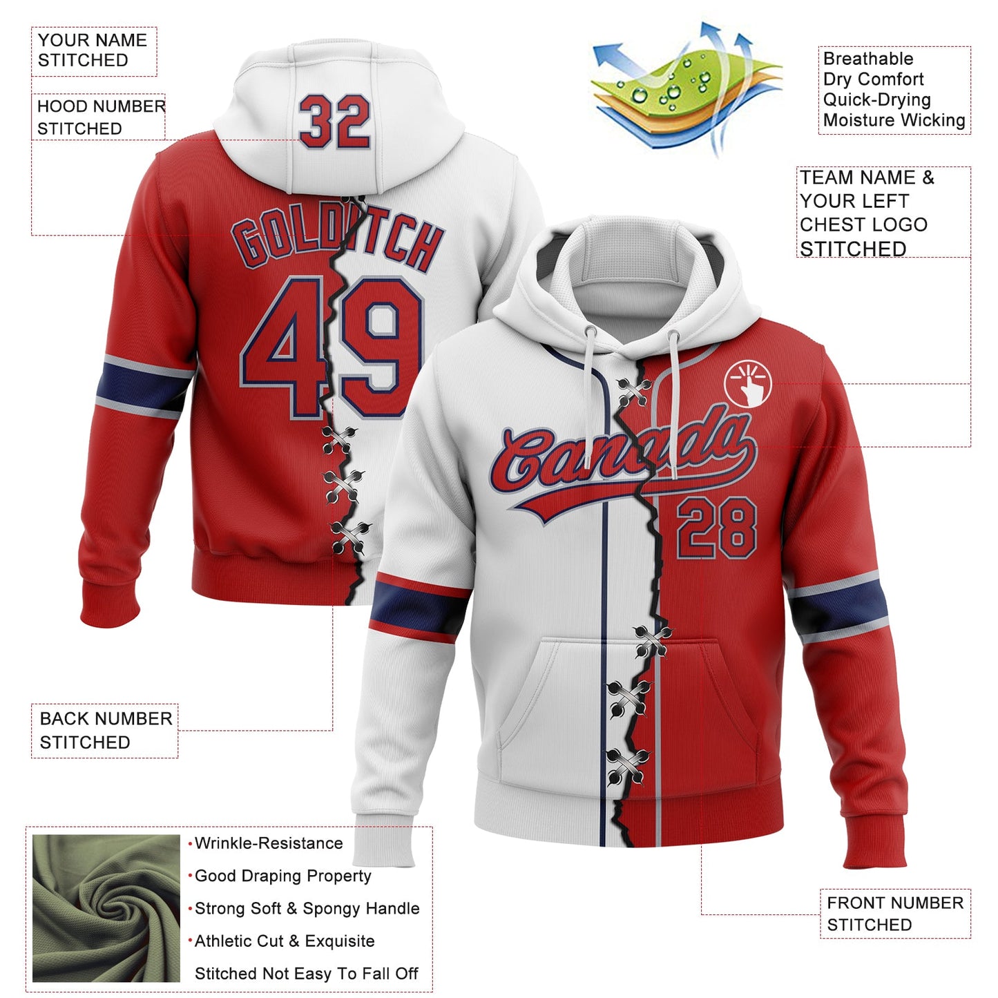 Custom White Red Navy-Gray Split Ripped Pattern Baseball Pullover Sweatshirt Hoodie view 2
