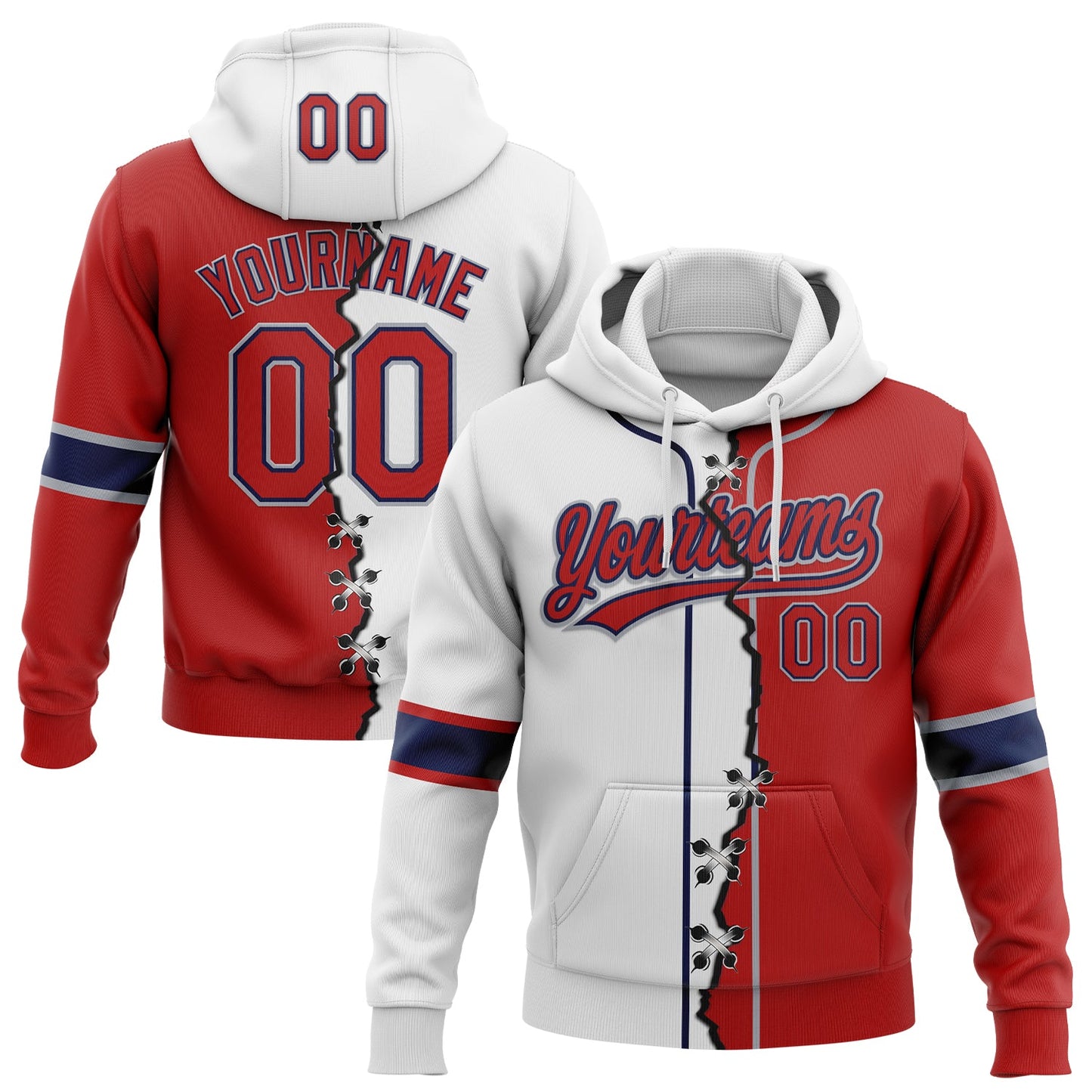 Custom White Red Navy-Gray Split Ripped Pattern Baseball Pullover Sweatshirt Hoodie - Main View