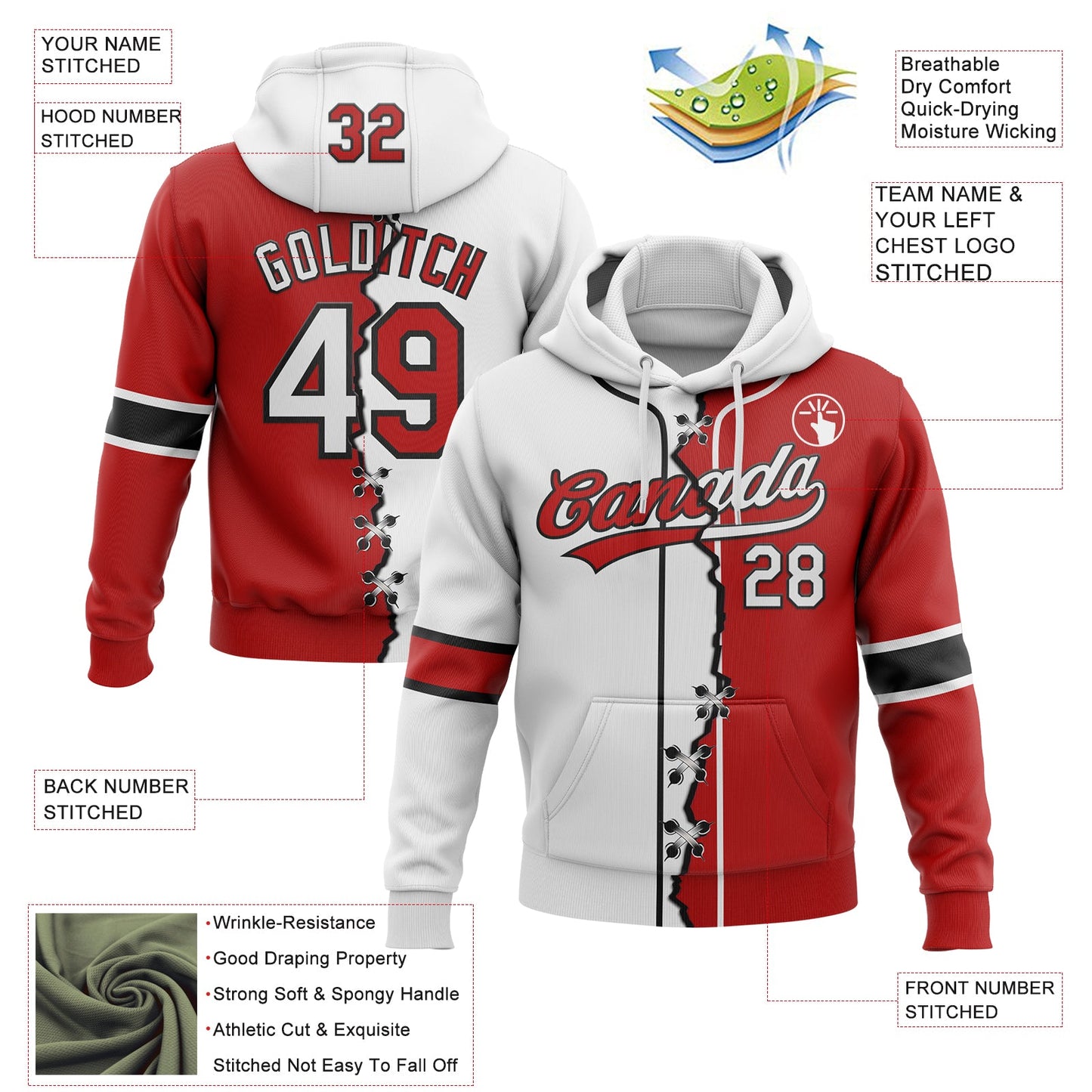 Custom Red White-Black Split Ripped Pattern Baseball Pullover Sweatshirt Hoodie view 2