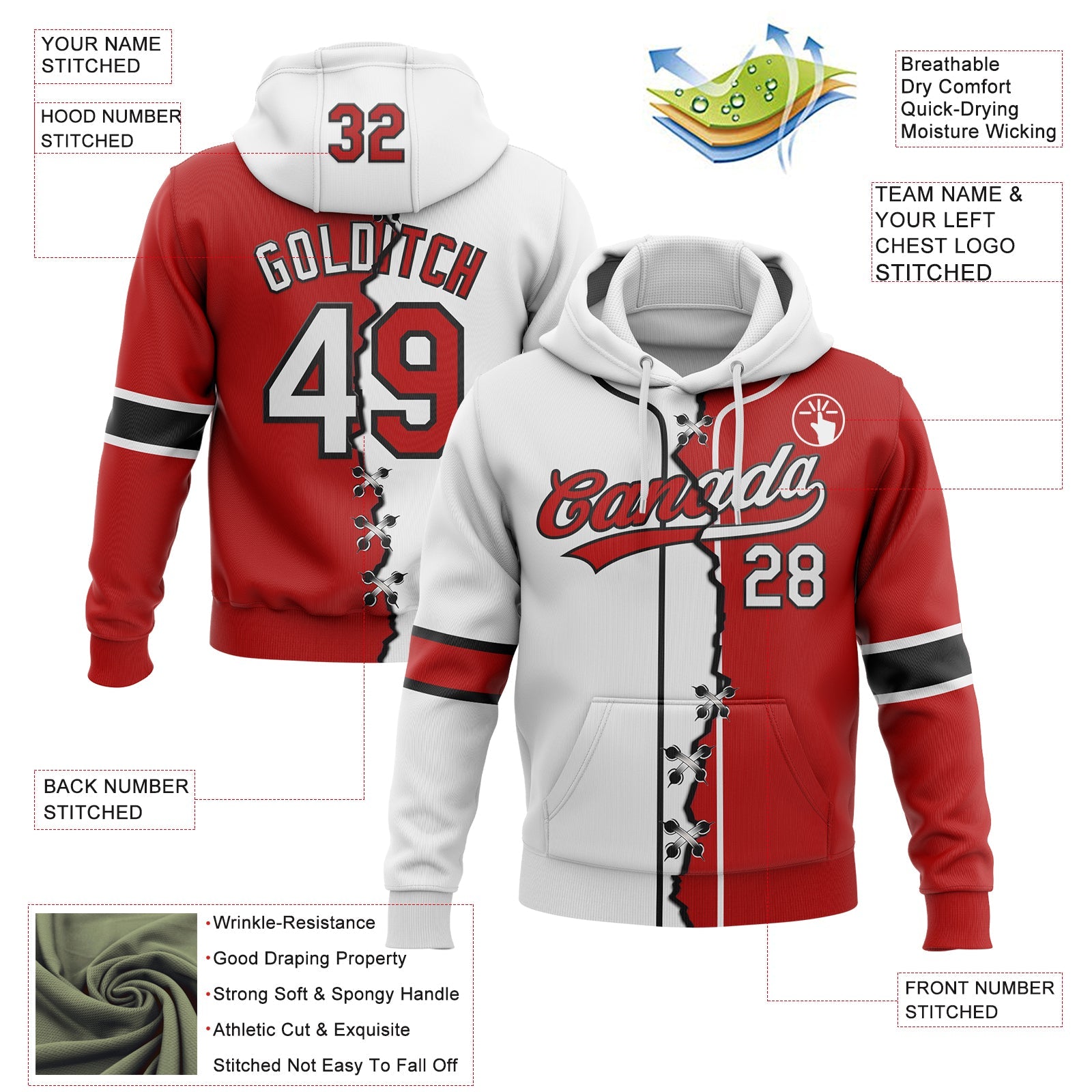 Custom Red White-Black Split Ripped Pattern Baseball Pullover Sweatshirt Hoodie view 2