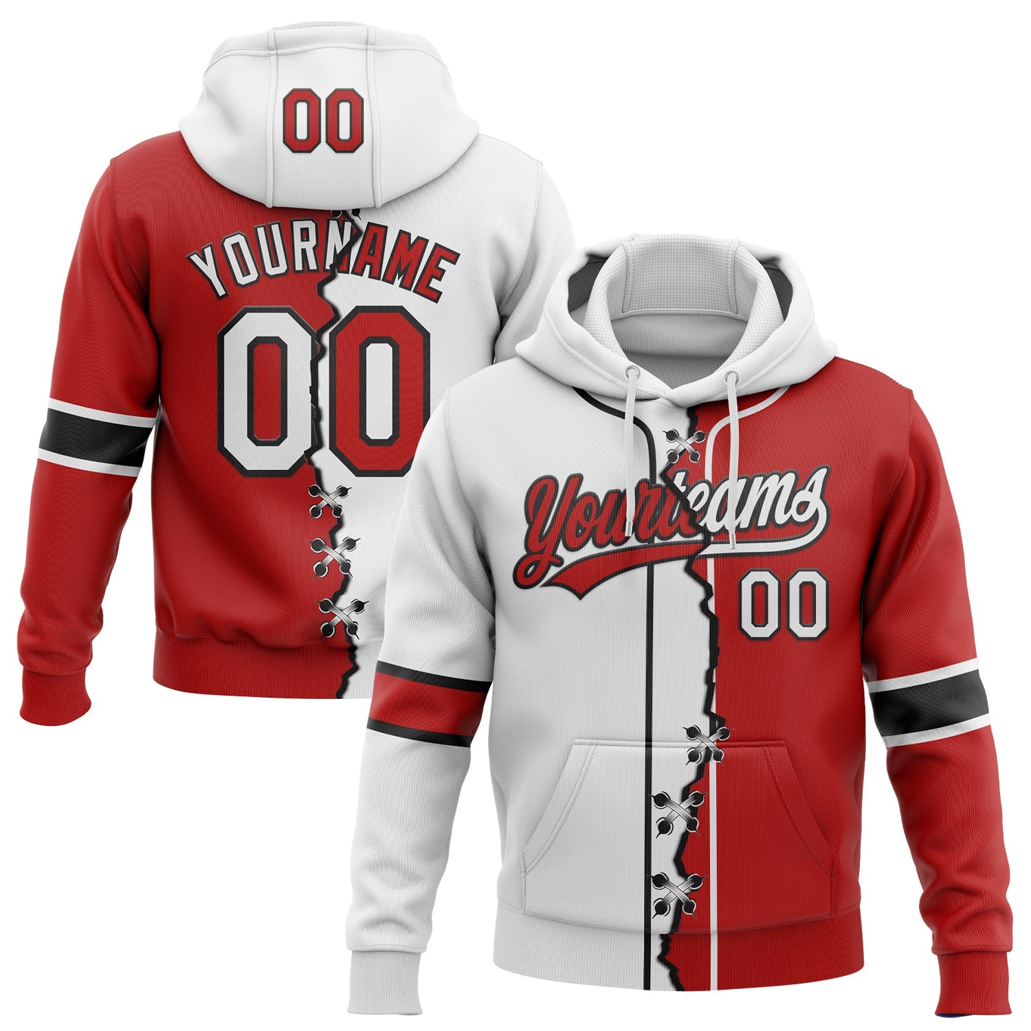Custom Red White-Black Split Ripped Pattern Baseball Pullover Sweatshirt Hoodie - Main View