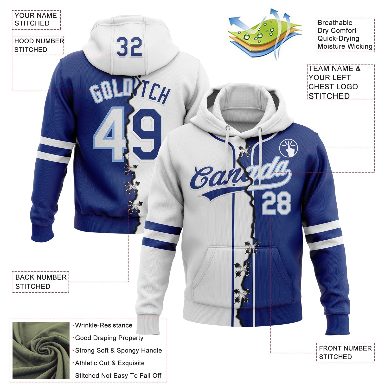 Custom Royal White-Light Blue Split Ripped Pattern Baseball Pullover Sweatshirt Hoodie view 2