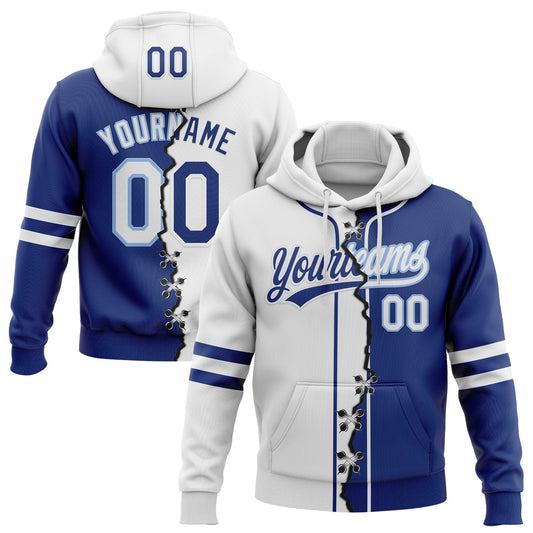 Custom Royal White-Light Blue Split Ripped Pattern Baseball Pullover Sweatshirt Hoodie - Main View