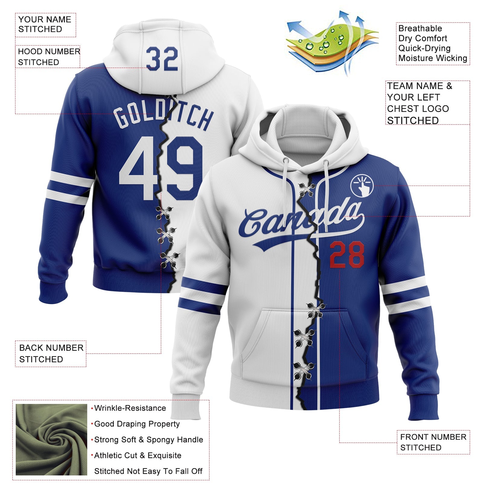 Custom Royal White-Red Split Ripped Pattern Baseball Pullover Sweatshirt Hoodie view 2