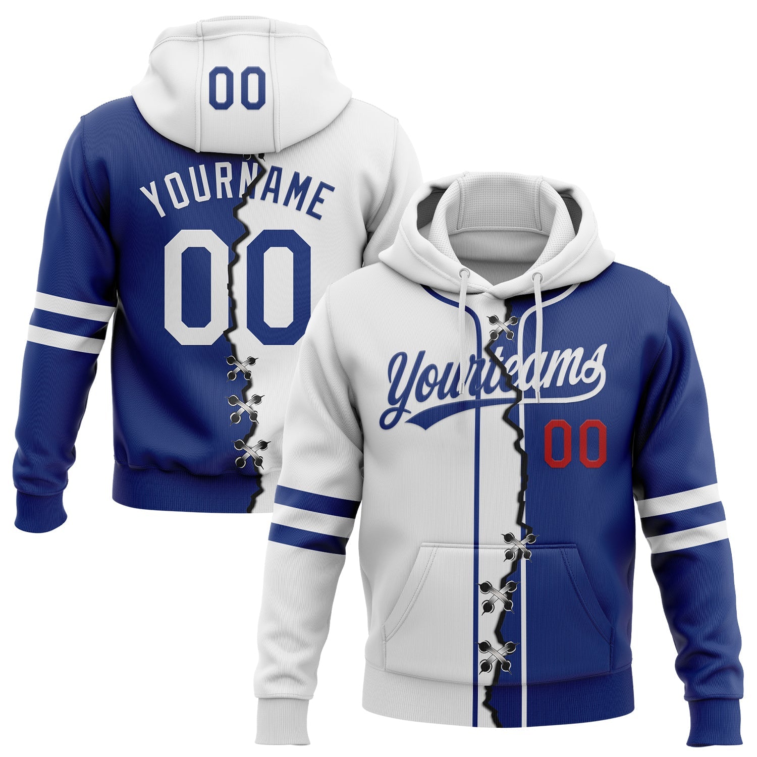 Custom Royal White-Red Split Ripped Pattern Baseball Pullover Sweatshirt Hoodie - Main View
