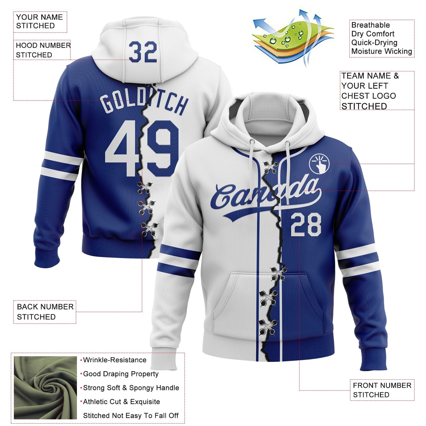 Custom Royal White Split Ripped Pattern Baseball Pullover Sweatshirt Hoodie view 2