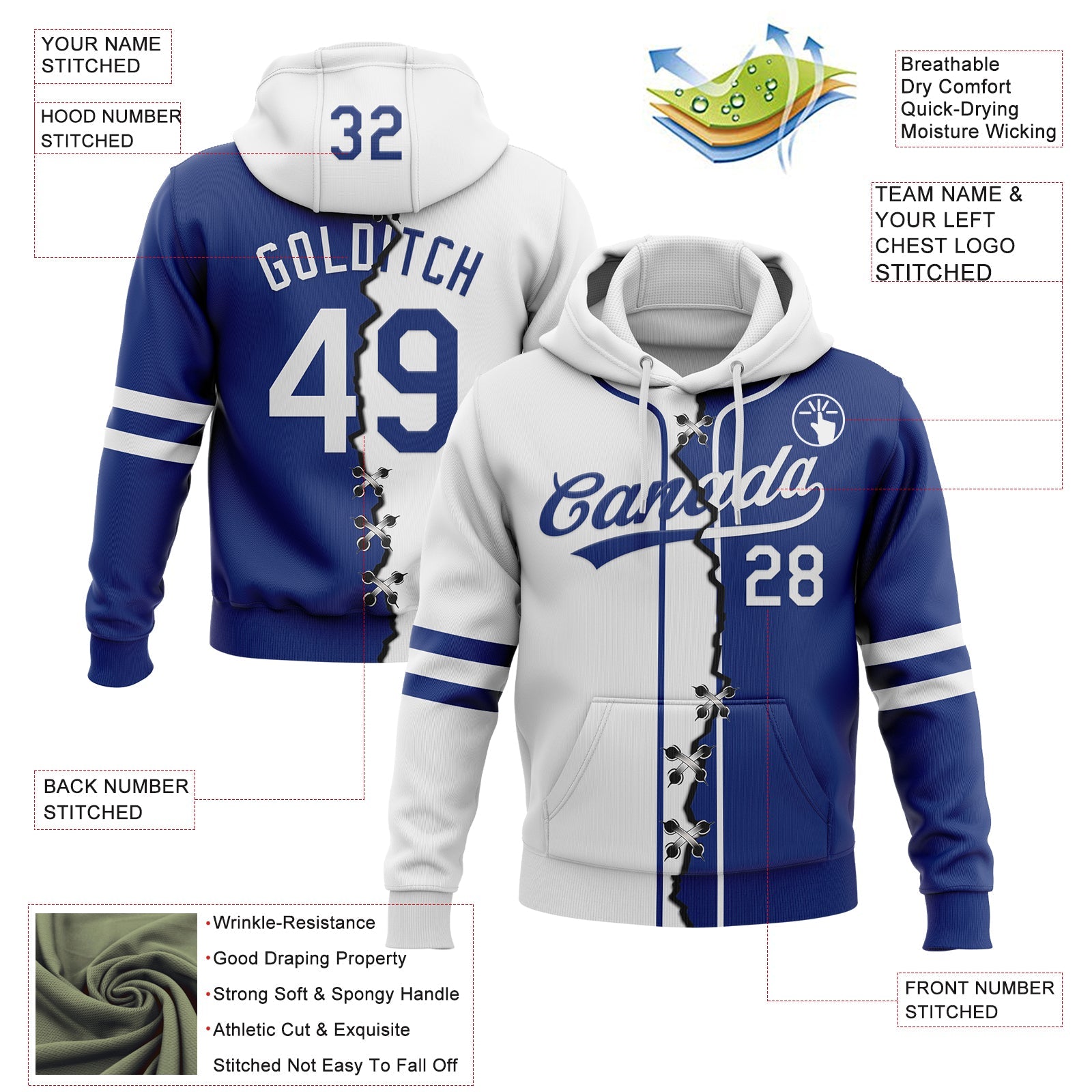 Custom Royal White Split Ripped Pattern Baseball Pullover Sweatshirt Hoodie view 2