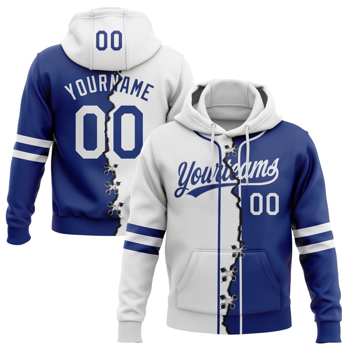 Custom Royal White Split Ripped Pattern Baseball Pullover Sweatshirt Hoodie - Main View