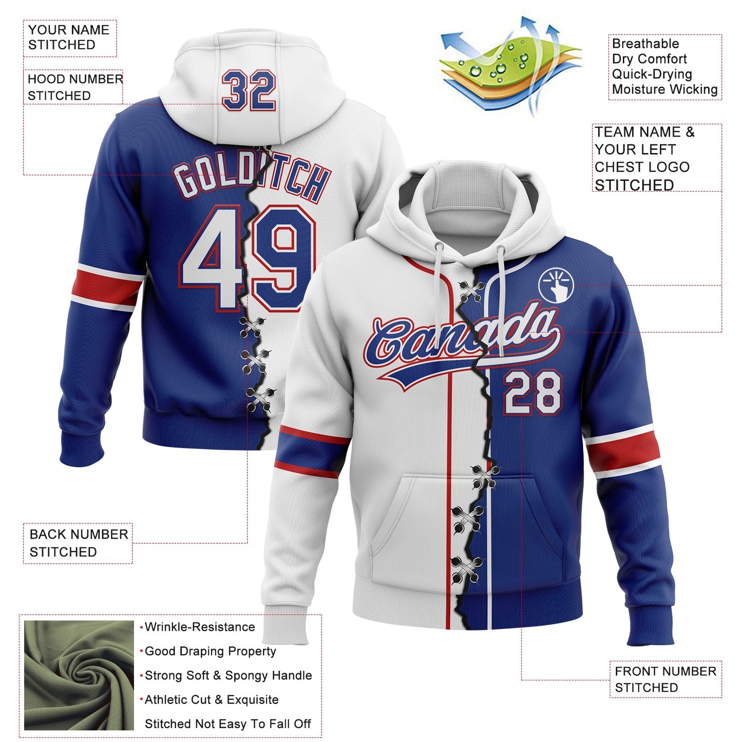 Custom Royal White-Red Split Ripped Pattern Baseball Pullover Sweatshirt Hoodie view 2