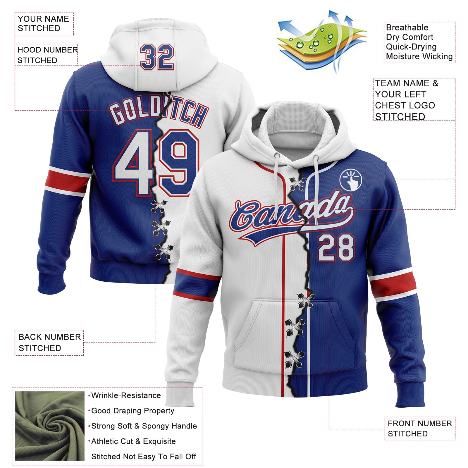 Custom Royal White-Red Split Ripped Pattern Baseball Pullover Sweatshirt Hoodie view 2