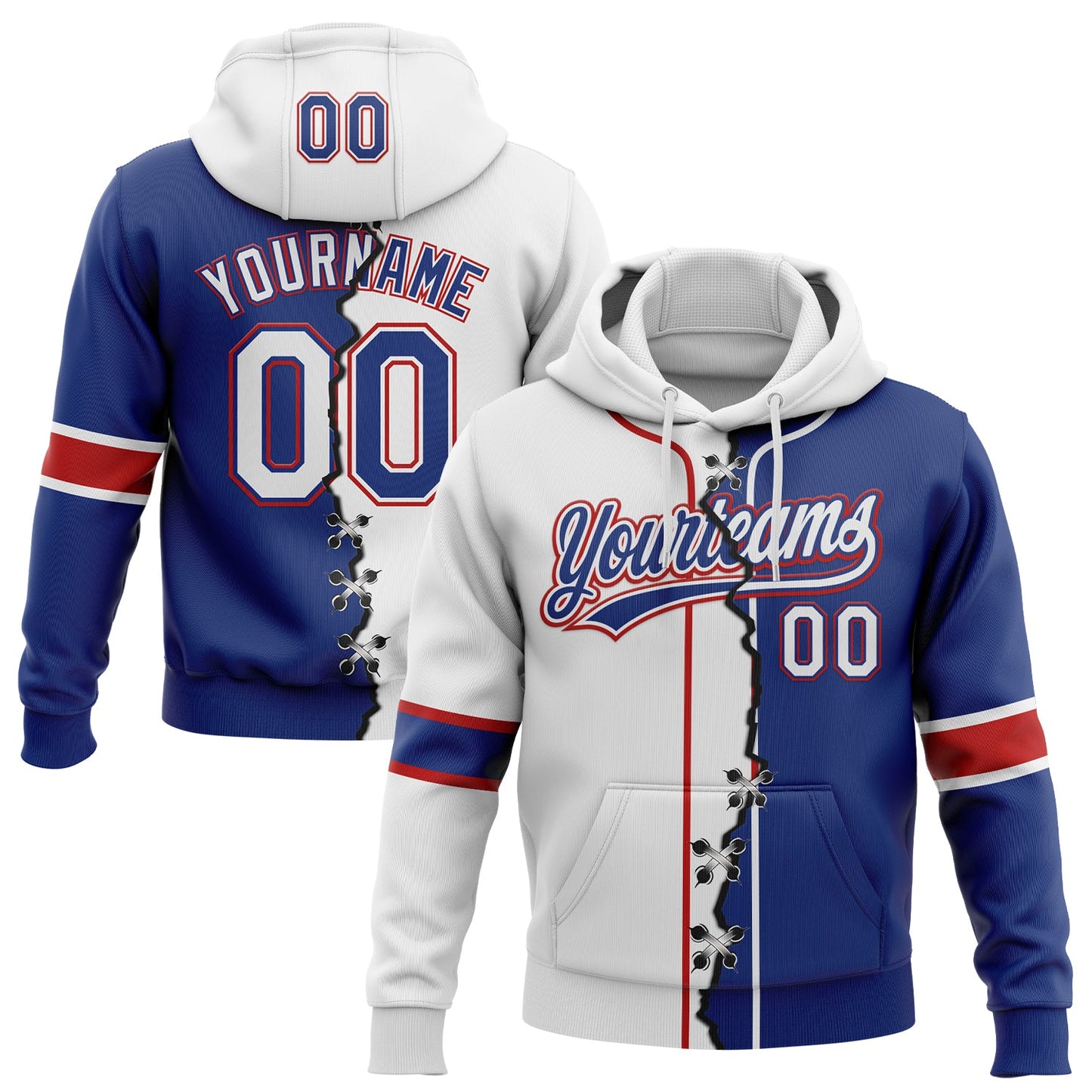 Custom Royal White-Red Split Ripped Pattern Baseball Pullover Sweatshirt Hoodie - Main View