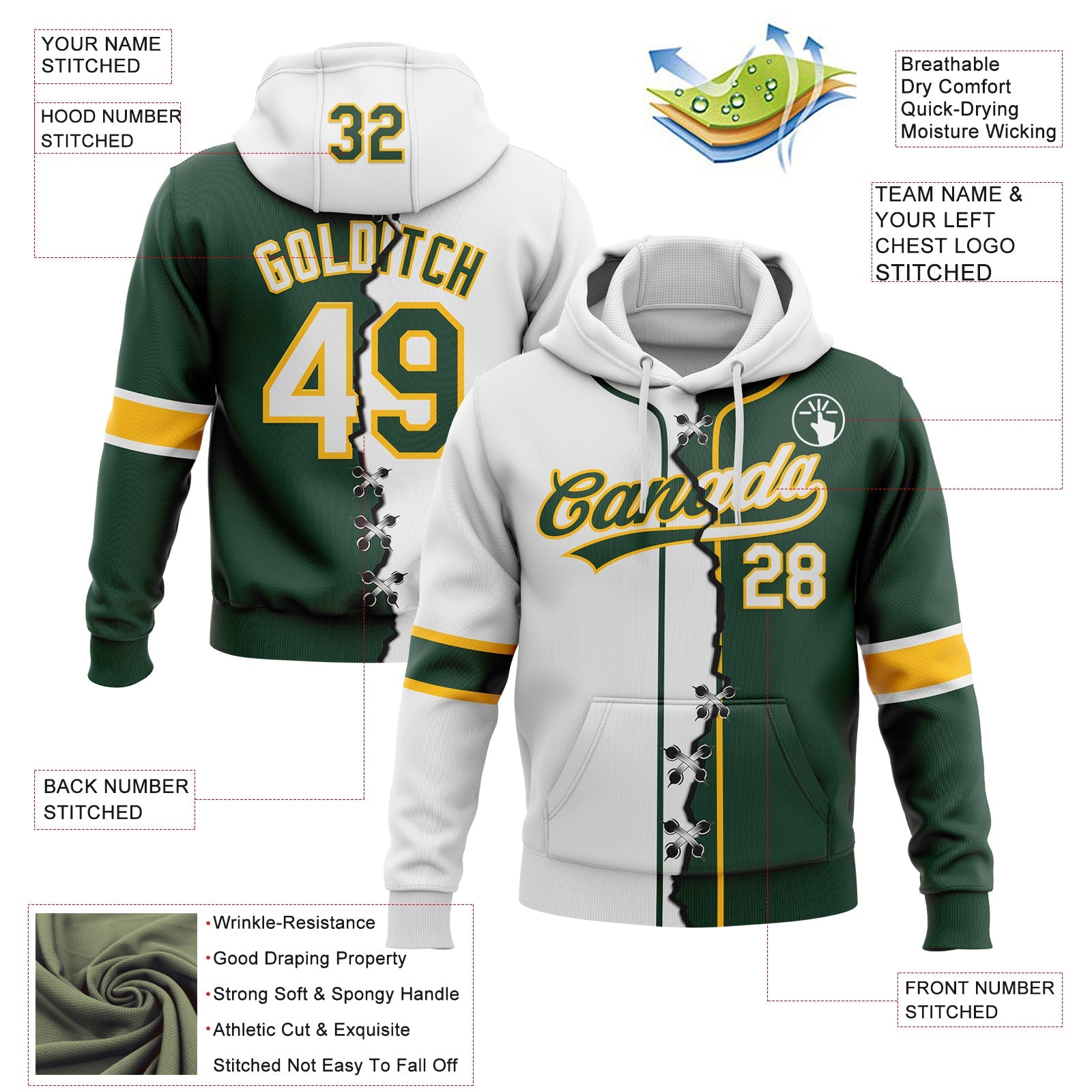 Custom Green White-Gold Split Ripped Pattern Baseball Pullover Sweatshirt Hoodie view 2