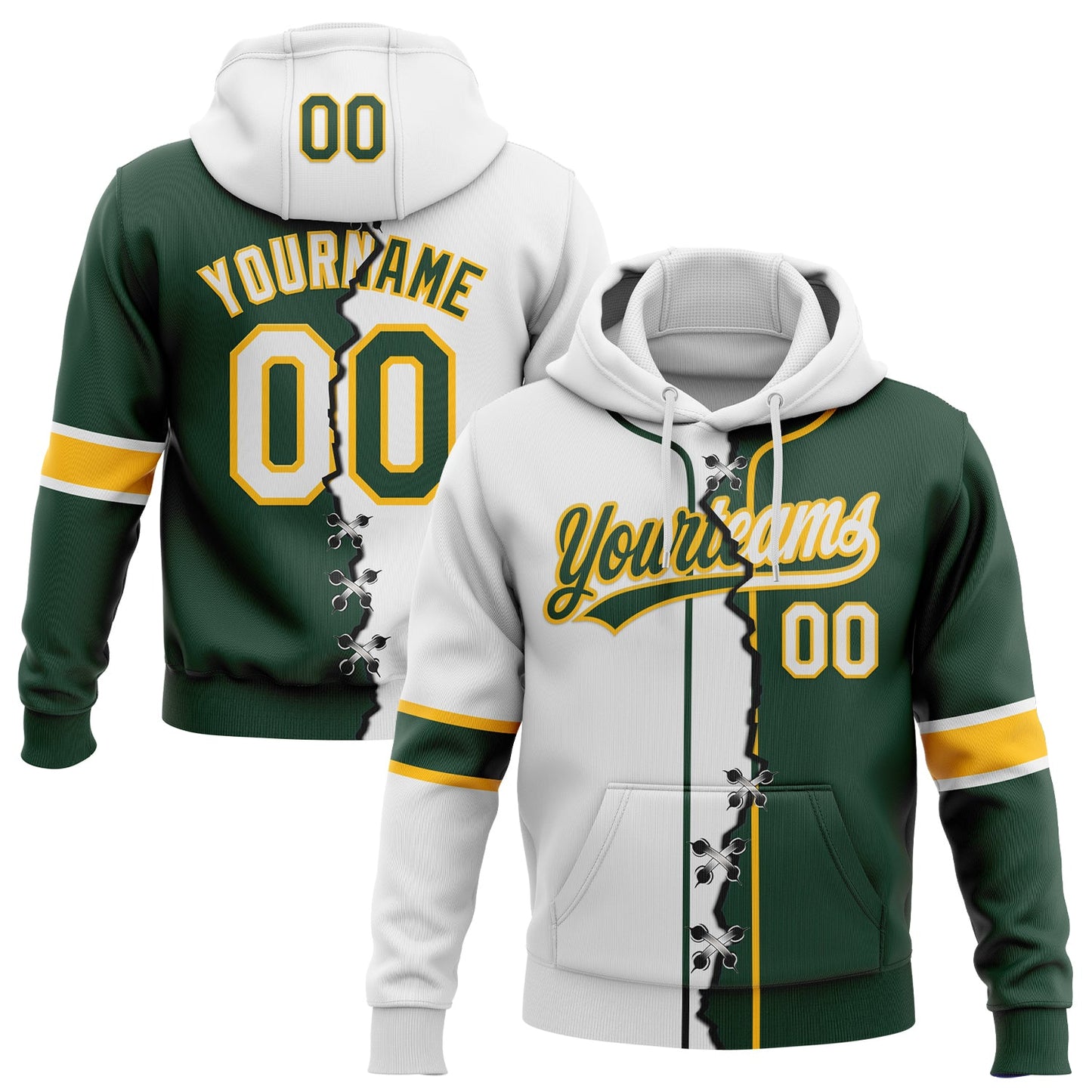 Custom Green White-Gold Split Ripped Pattern Baseball Pullover Sweatshirt Hoodie - Main View