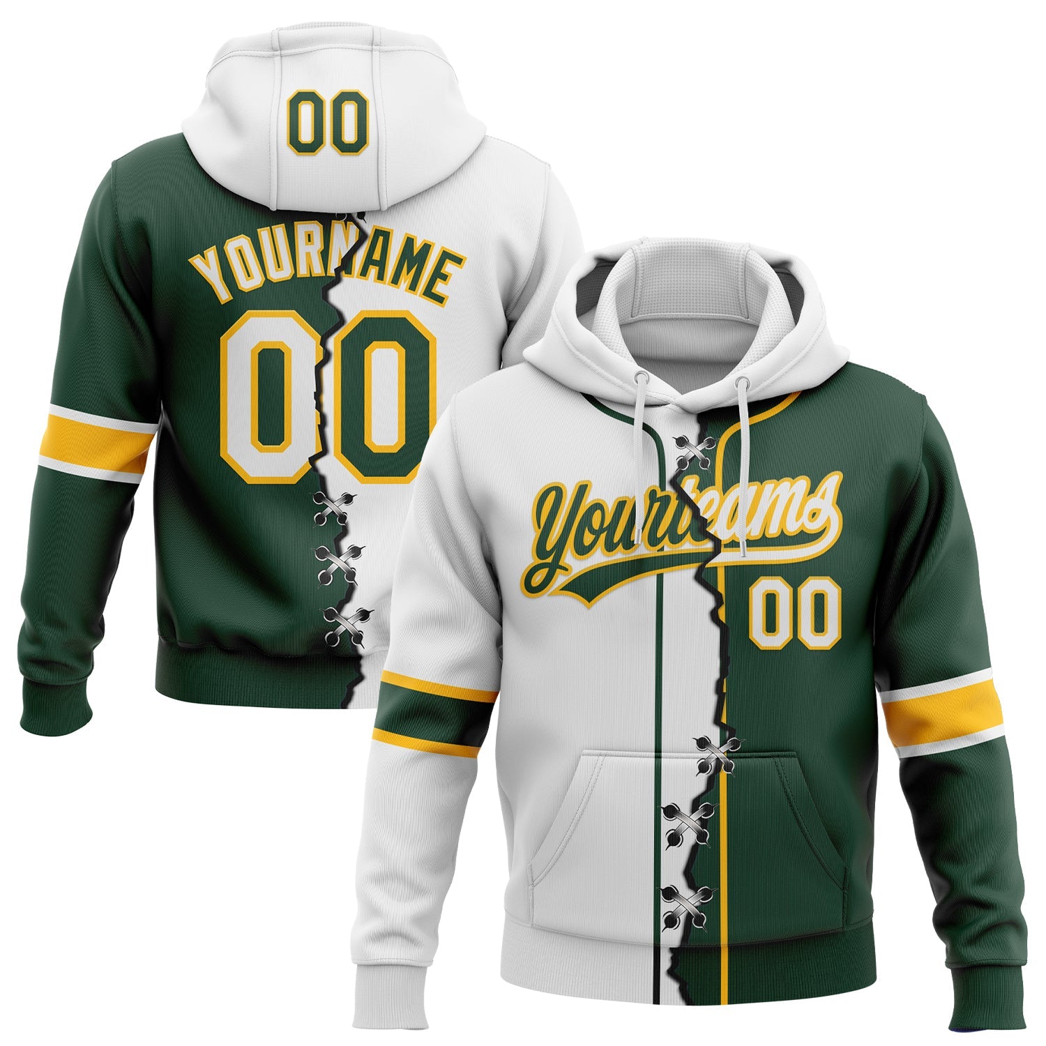 Custom Green White-Gold Split Ripped Pattern Baseball Pullover Sweatshirt Hoodie - Main View
