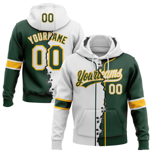 Custom Green White-Gold Split Ripped Pattern Baseball Pullover Sweatshirt Hoodie - Main View