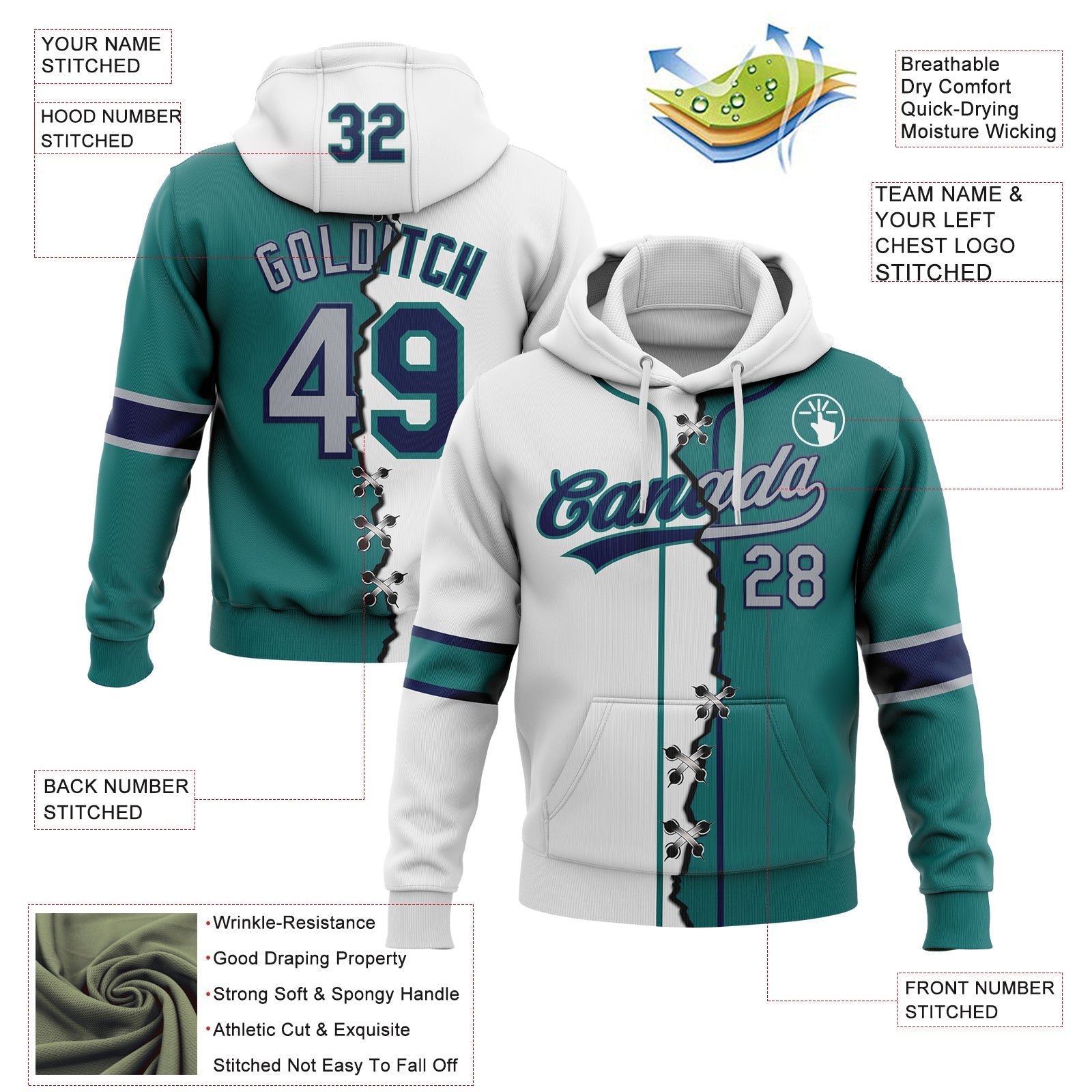 Custom Teal Gray Navy-White Split Ripped Pattern Baseball Pullover Sweatshirt Hoodie view 2