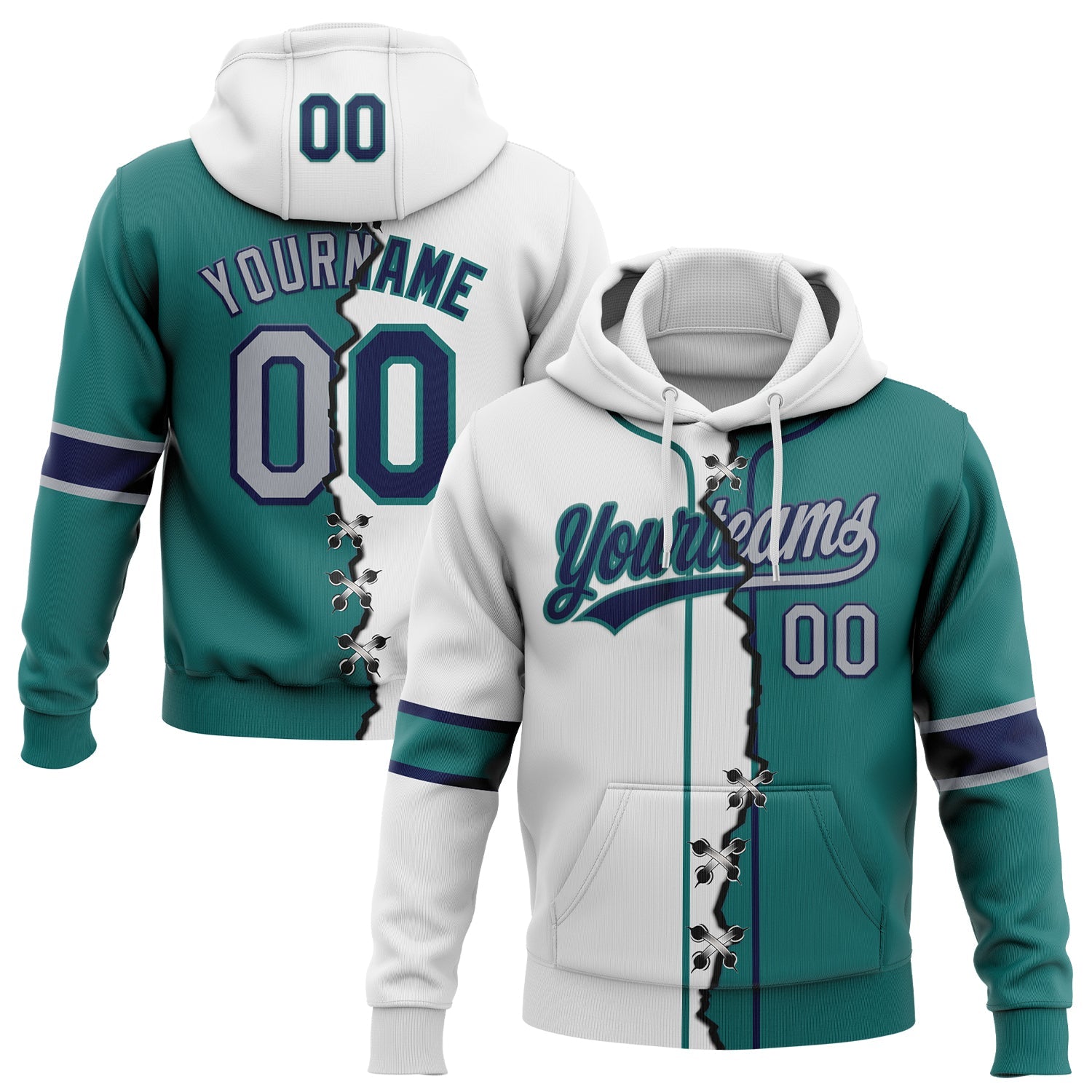 Custom Teal Gray Navy-White Split Ripped Pattern Baseball Pullover Sweatshirt Hoodie - Main View
