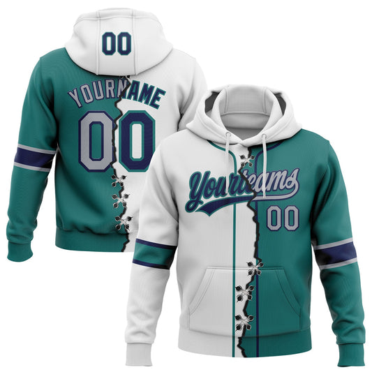 Custom Teal Gray Navy-White Split Ripped Pattern Baseball Pullover Sweatshirt Hoodie - Main View