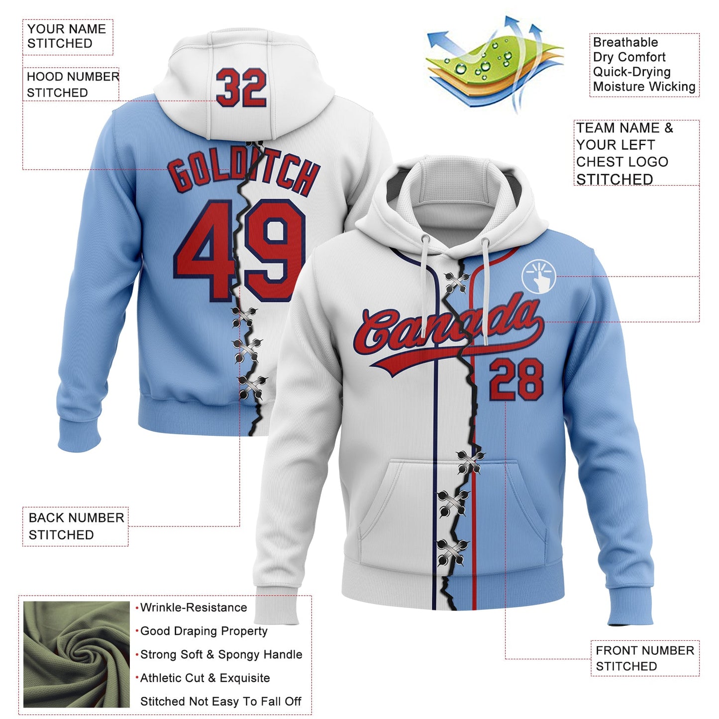 Custom Light Blue Red-Navy Split Ripped Pattern Baseball Pullover Sweatshirt Hoodie view 2