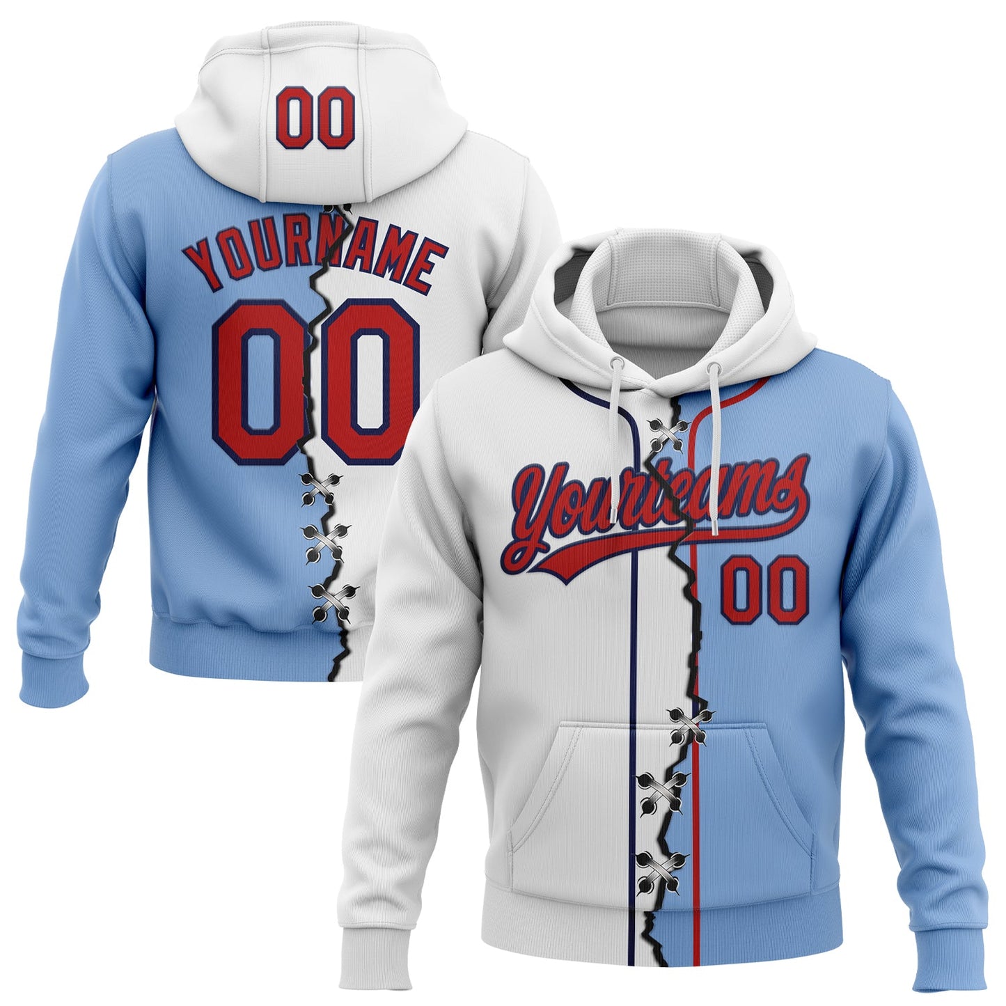Custom Light Blue Red-Navy Split Ripped Pattern Baseball Pullover Sweatshirt Hoodie - Main View