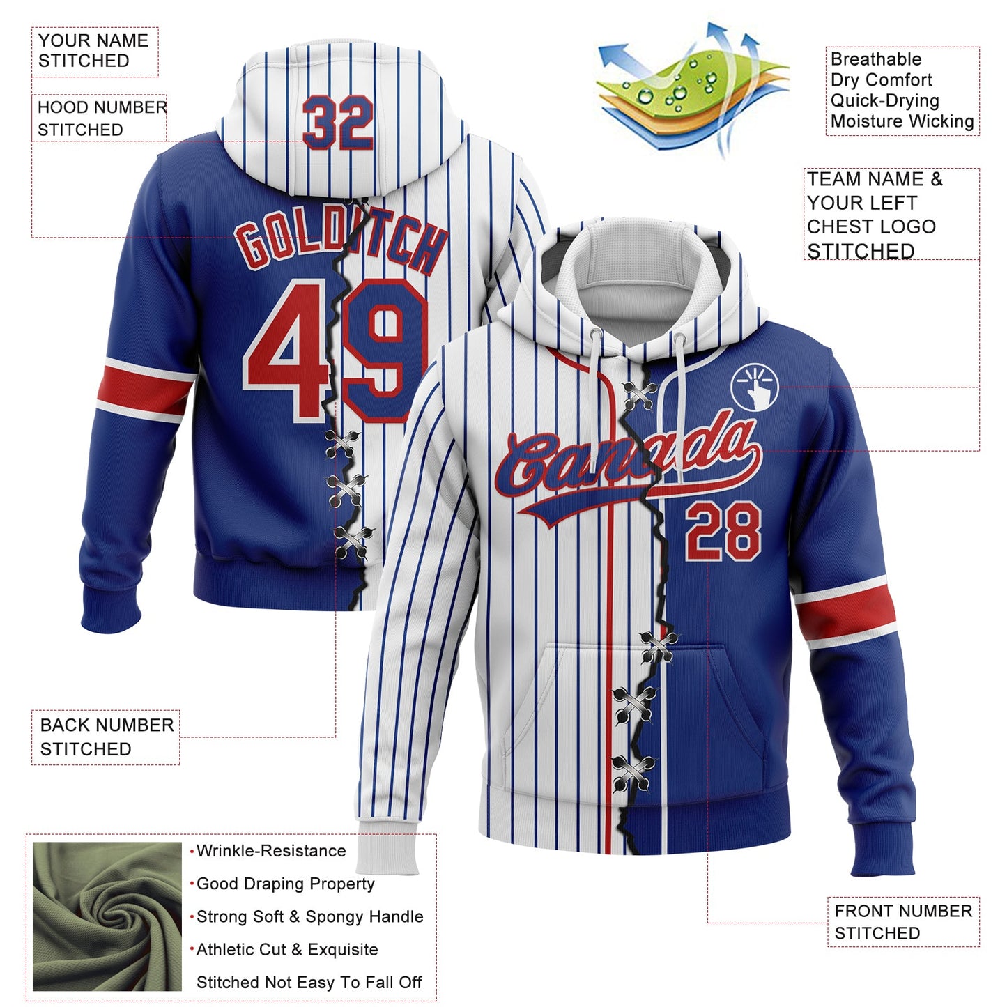 Custom Royal Red-White Pinstripe Split Ripped Pattern Baseball Pullover Sweatshirt Hoodie view 2