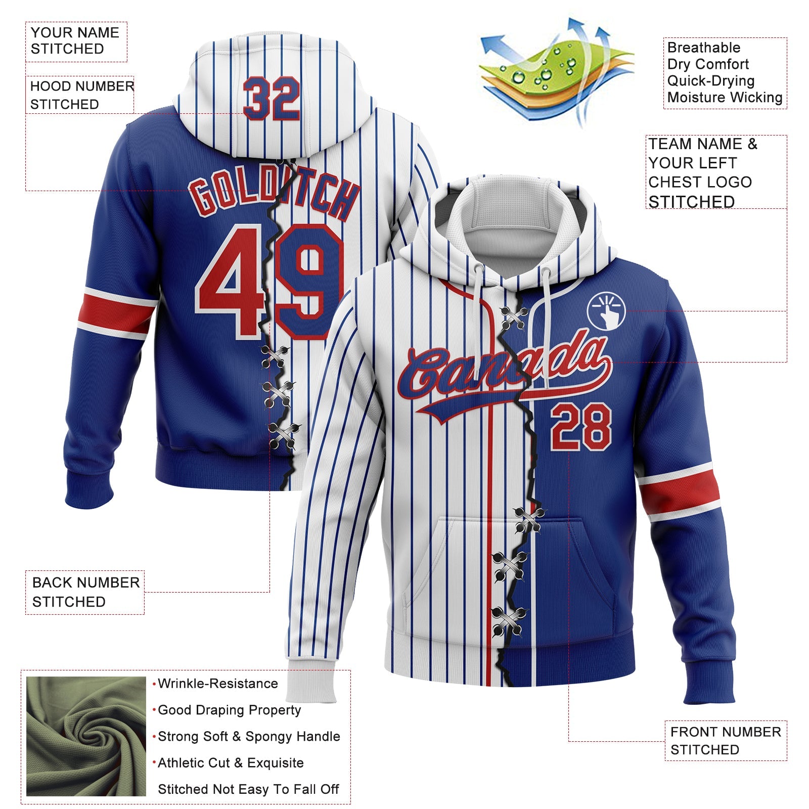 Custom Royal Red-White Pinstripe Split Ripped Pattern Baseball Pullover Sweatshirt Hoodie view 2