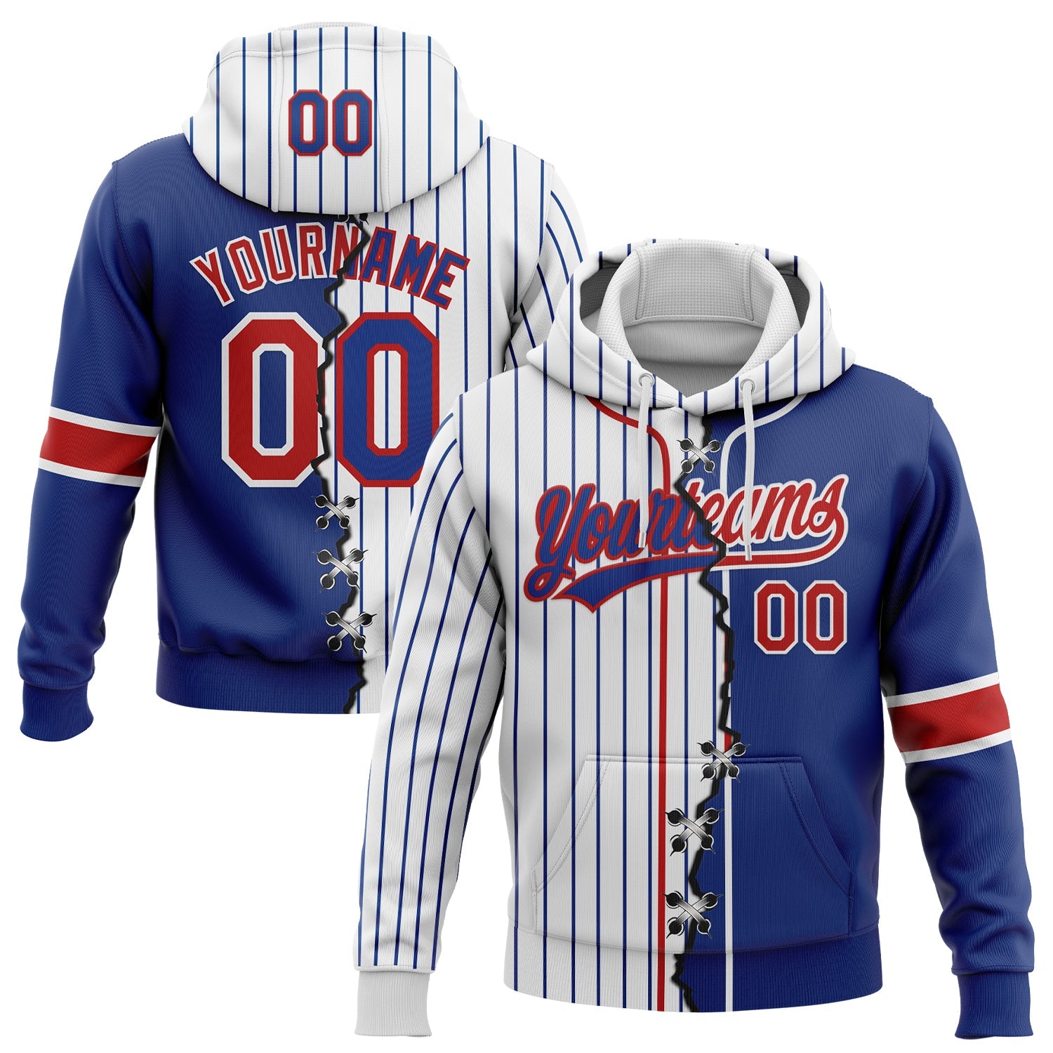 Custom Royal Red-White Pinstripe Split Ripped Pattern Baseball Pullover Sweatshirt Hoodie - Main View