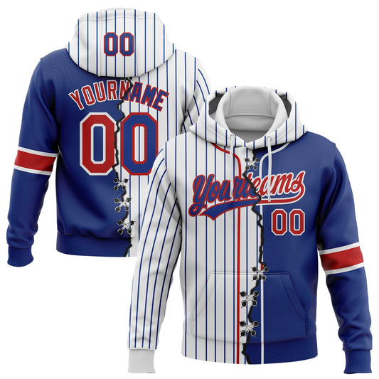 Custom Royal Red-White Pinstripe Split Ripped Pattern Baseball Pullover Sweatshirt Hoodie - Main View