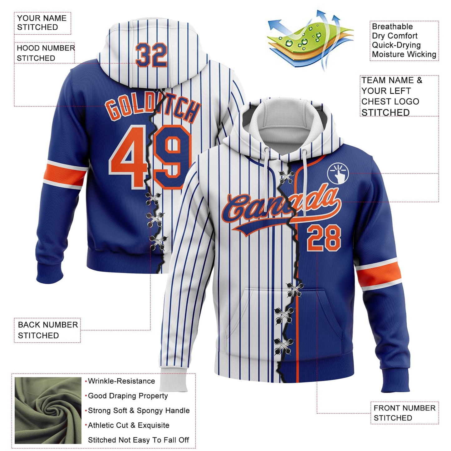 Custom Royal Orange-White Pinstripe Split Ripped Pattern Baseball Pullover Sweatshirt Hoodie view 2