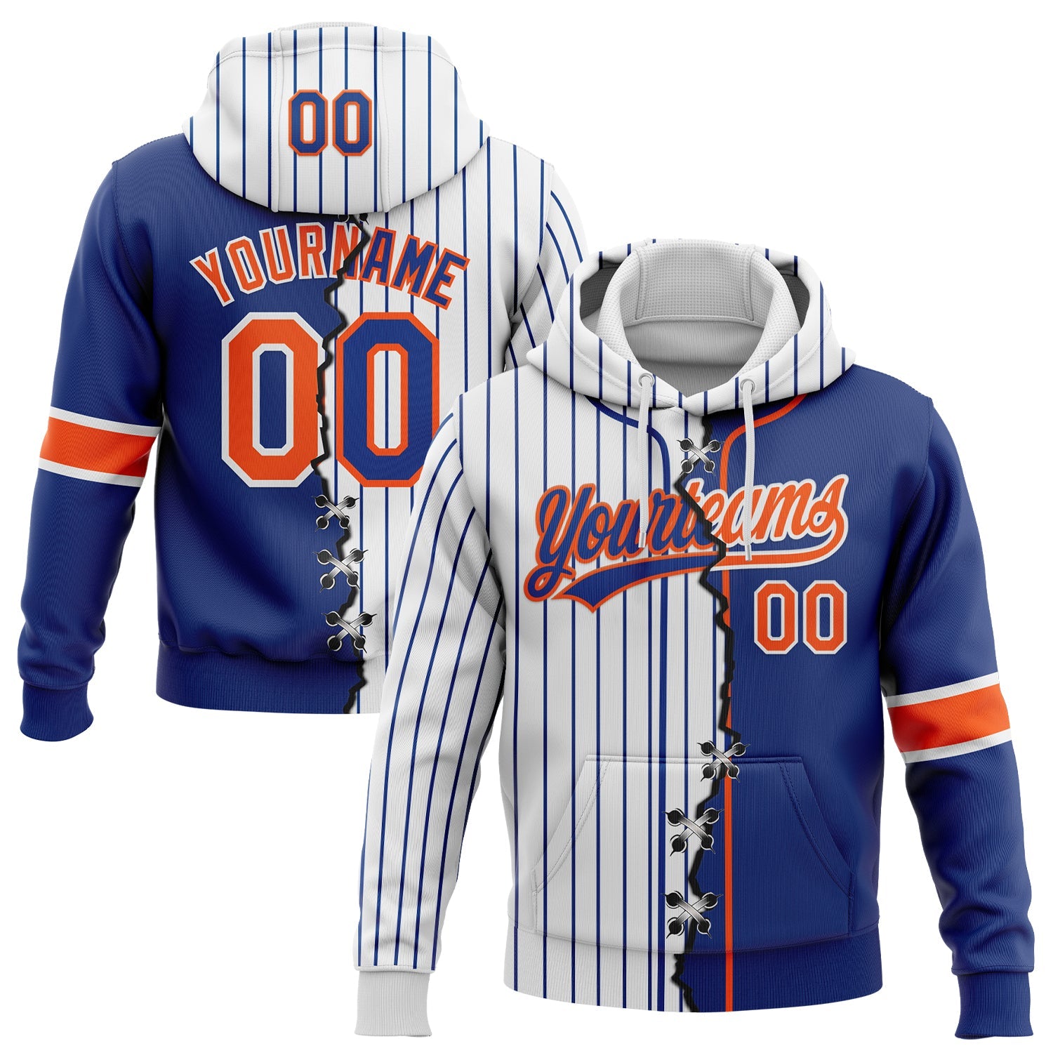 Custom Royal Orange-White Pinstripe Split Ripped Pattern Baseball Pullover Sweatshirt Hoodie - Main View