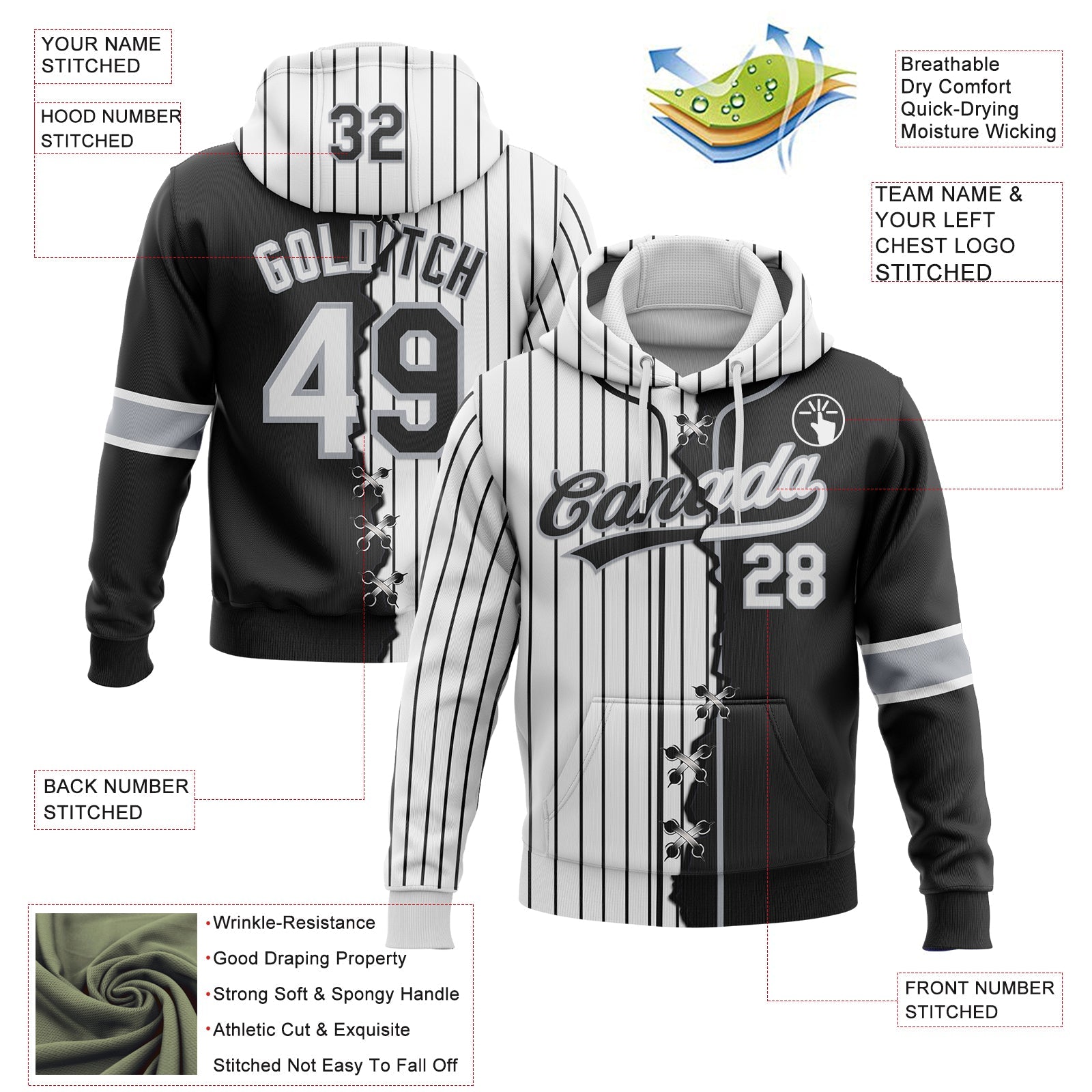 Custom Black White-Gray Pinstripe Split Ripped Pattern Baseball Pullover Sweatshirt Hoodie view 2