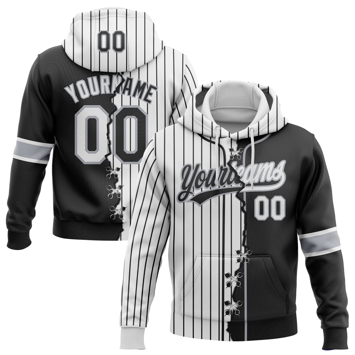 Custom Black White-Gray Pinstripe Split Ripped Pattern Baseball Pullover Sweatshirt Hoodie - Main View