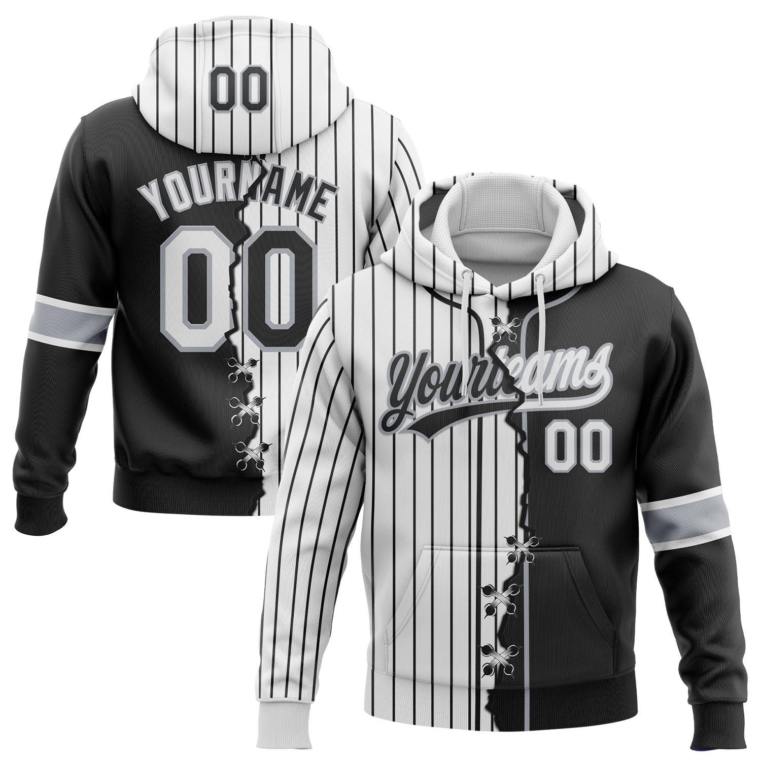 Custom Black White-Gray Pinstripe Split Ripped Pattern Baseball Pullover Sweatshirt Hoodie - Main View