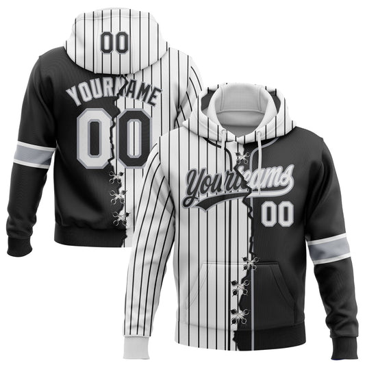 Custom Black White-Gray Pinstripe Split Ripped Pattern Baseball Pullover Sweatshirt Hoodie - Main View