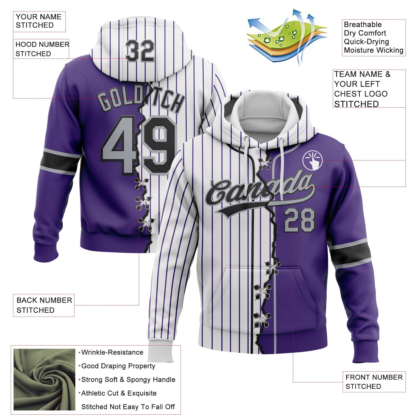 Custom Purple Gray Black-White Pinstripe Split Ripped Pattern Baseball Pullover Sweatshirt Hoodie view 2