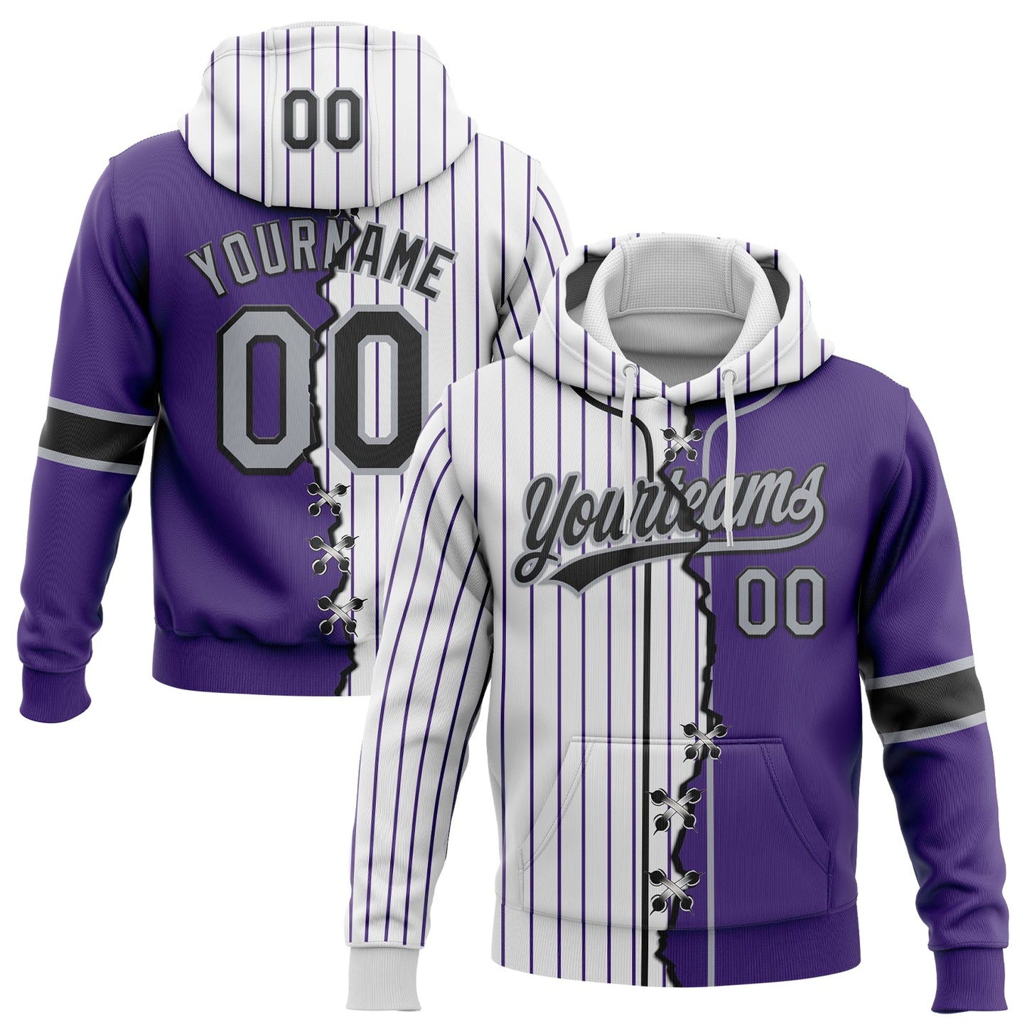 Custom Purple Gray Black-White Pinstripe Split Ripped Pattern Baseball Pullover Sweatshirt Hoodie - Main View