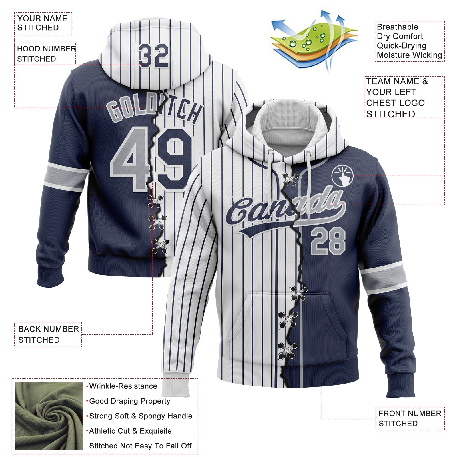 Custom Navy Gray-White Pinstripe Split Ripped Pattern Baseball Pullover Sweatshirt Hoodie view 2
