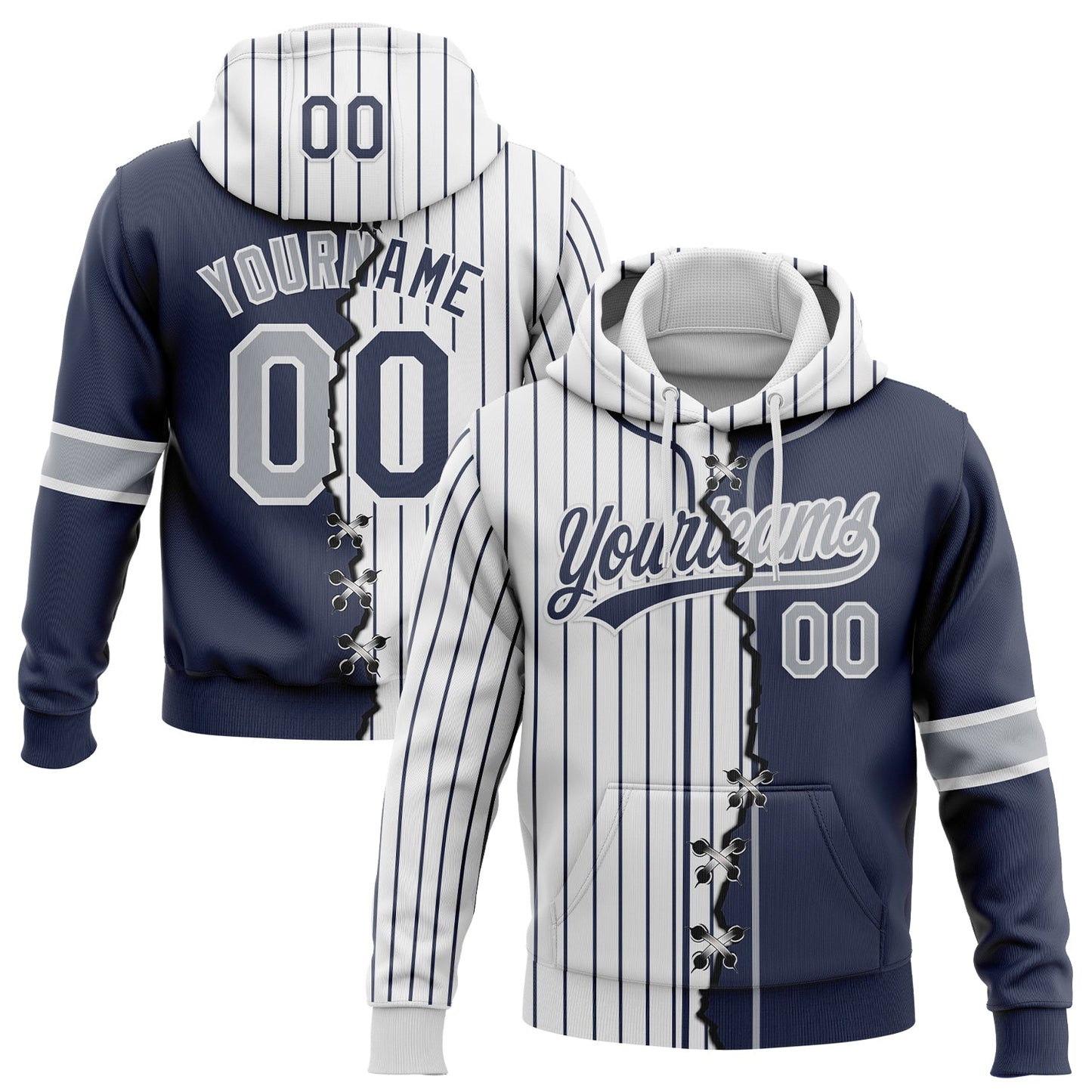 Custom Navy Gray-White Pinstripe Split Ripped Pattern Baseball Pullover Sweatshirt Hoodie - Main View