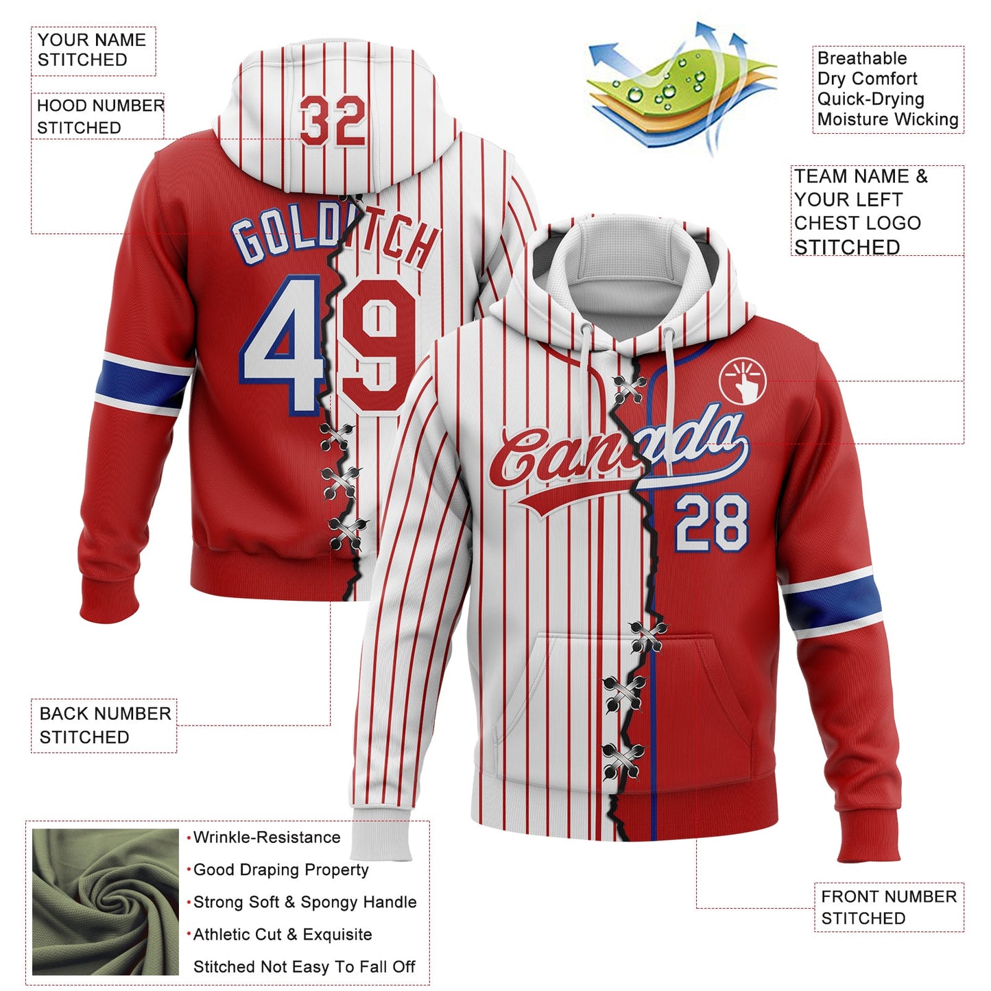 Custom Red White-Royal Pinstripe Split Ripped Pattern Baseball Pullover Sweatshirt Hoodie view 2